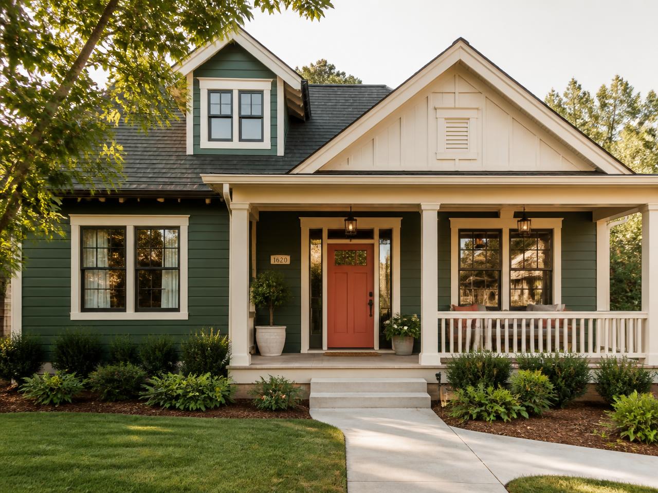 Forest-green craftsman home exterior with a coral front door and green lawn